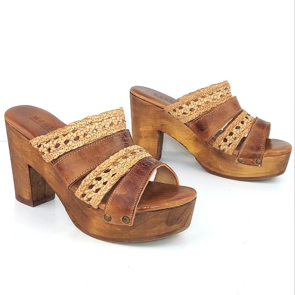 Bed Stu Shoes - Bed Stu Crystal Woven Strap Wooden Heel Clogs Tan and Bone Rustic Leather Size 7